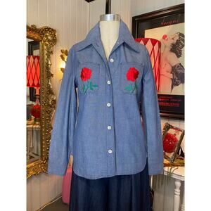 vintage 1970s lady wrangler chambray blouse applique roses med mod hippie retro